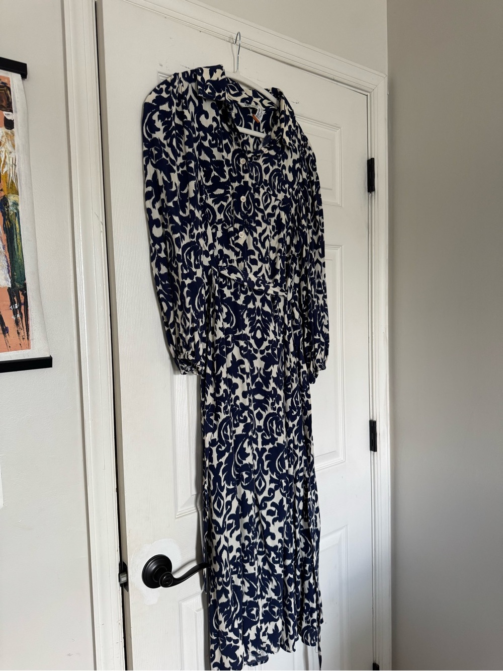 Zara Navy and Cream Long-Sleeve Printed Midi Dress